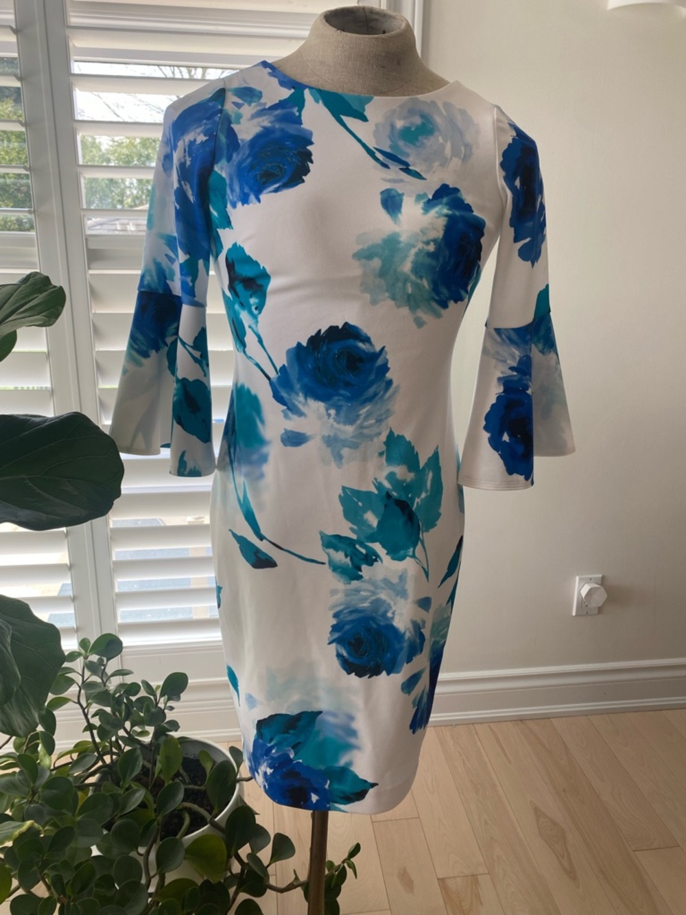 Calvin Klein White Midi Dress with Blue Floral Print
